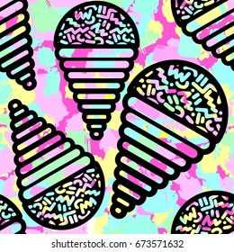 Ice cream geometrical  seamless pattern. Memphis style  trendy 80s-90s style cartoon hand drawn motifs .Perfect funky vector background with Pop art flovor for textile,wrapping, decoration.