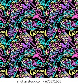 Ice cream geometrical  seamless pattern. Memphis style  trendy 80s-90s style cartoon hand drawn motifs .Perfect funky vector background with Pop art flovor for textile,wrapping, decoration.