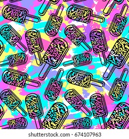 Ice cream geometrical  seamless pattern. Memphis style  trendy 80s-90s style cartoon hand drawn motifs .Perfect funky vector background with Pop art flovor for textile,wrapping, decoration.