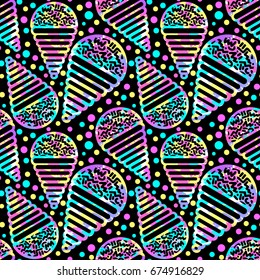 Ice cream geometrical  seamless pattern. Memphis style  trendy 80s-90s style cartoon hand drawn motifs .Perfect funky vector background with Pop art flovor for textile,wrapping, decoration.
