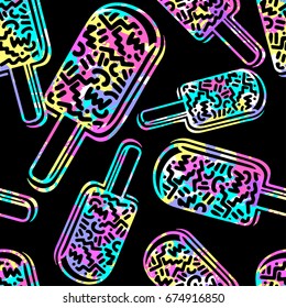 Ice cream geometrical  seamless pattern. Memphis style  trendy 80s-90s style cartoon hand drawn motifs .Perfect funky vector background with Pop art flovor for textile,wrapping, decoration.
