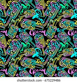 Ice cream geometrical  seamless pattern. Memphis style  trendy 80s-90s style cartoon hand drawn motifs .Perfect funky vector background with Pop art flovor for textile,wrapping, decoration.