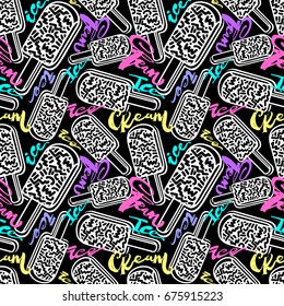 Ice cream geometrical  seamless pattern. Memphis style  trendy 80s-90s style cartoon hand drawn motifs .Perfect funky vector background with Pop art flovor for textile,wrapping, decoration.