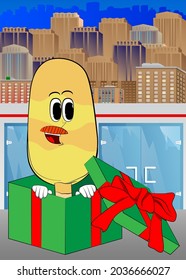 Ice Cream in a gift box. Summer refreshment, sweet food as a cartoon character with face.