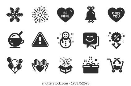 Ice cream, Gift and Fireworks explosion icons simple set. Snowflake, Bell and Only you signs. Hold heart, Snowman and Present box symbols. Discount, Cross sell and Be mine. Flat icons set. Vector