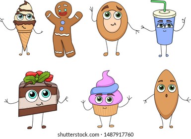 ice cream, gingerbread, glass with a milkshake, a piece of cake, pie, cheesecake and a cupcake with eyes, arms and legs