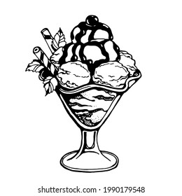 Ice cream in a glass with berries, mint, chocolate, glaze, cherry. Vector image on transparent background