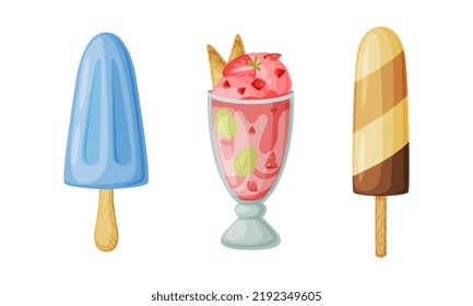 Ice Cream in Glass Bowl and on Stick as Frozen Dessert and Sweet Snack Vector Set