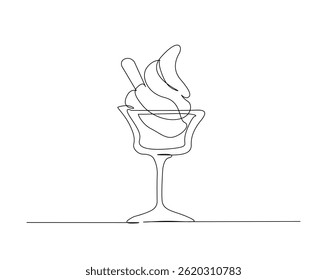 Ice cream in the glass bowl outline drawing illustration. one continuous line drawing of Ice cream.