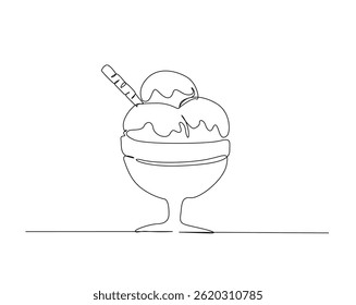 Ice cream in the glass bowl outline drawing illustration. one continuous line drawing of Ice cream.