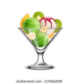 Ice cream in glass bowl realistic composition with delicious pistachio icecream scoops mixed with kiwi and banana vector illustration