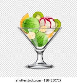 Ice cream in glass bowl transparent realistic composition with orange banana and kiwi slices with scoops vector illustration