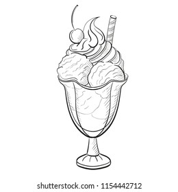 ice cream in glass with candies and cream. Sweet beautiful dessert ice cream in sketh style izolaten on white backgroubd. Clipart for a restaurant or cafe menu. Line art