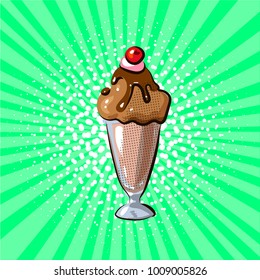 Ice cream in glass chocolate flavour pop art hand drawn vector illustration