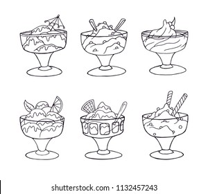 Ice cream in a glass cup. Ice cream clean black outline. Frozen refreshing summer food. Sweet food illustration.