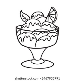 Ice cream in a glass cup with a fruits and topping hand drawn outline illustration. Refreshing cold snack symbol drawing. Tasty sweet 
creamy vanilla contour cartoonish dessert. Single ice sweet logo.