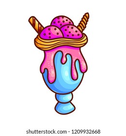 Ice cream in glass cup hand drawn color vector illustration. Icecream with waffle sticks clipart. Doodle pink icecream balls with sprinkles. Ice cream shop, cafe menu isolated cartoon design element