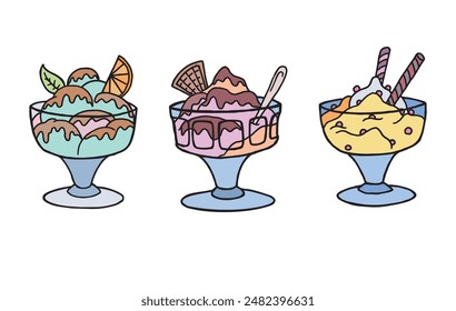 Ice cream in glass cup hand drawn and colorful illustration. Simple and refreshing creamy food pen drawing outline menu logo. Different ice creams with chocolate topping is great tasty sweet dessert.