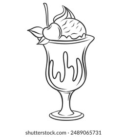 Eiscreme in Glasbecher Ikone, Doodle Sundae Scoop mit Schokoladenglasur und Kirsche. Lustige Retro-Skizze von Sundae Bowl. Gefrorenes süßes Dessert-Maskottchen, handgezeichnete Eiscreme-Ikone Vektorillustration