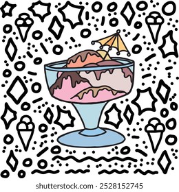 Ice cream in a glass cup with outline doodle art around, hand drawn vector illustration. Sweet cold and creamy snack with chocolate glaze and umbrella on top, isolated commercial sign. refreshing meal