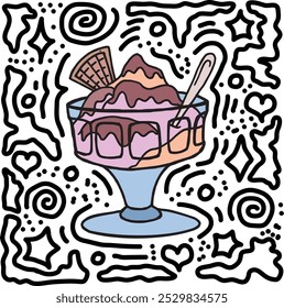 Helado en una taza de cristal con el arte del doodle del contorno alrededor, Ilustración vectorial dibujada a mano. Refrigerio frío y cremoso dulce con la galleta y la cuchara, signo comercial aislado del helado. Logo de comida dulce fría.