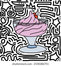 Helado en una taza de cristal con el arte del doodle del contorno, Ilustración vectorial dibujada a mano. Refrigerio frío y cremoso dulce con la cereza y la taza de cristal, signo comercial aislado del helado. Dibujo del logotipo de la comida dulce.