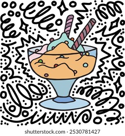 Ice cream in a glass cup with outline doodle art, pen drawing single vector illustration. Sweet cold and creamy snack with cookie sticks and explosion of taste hand drawn isolated commercial sign.