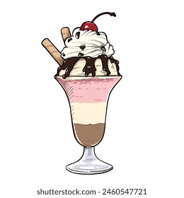 Ice cream in glass cup, Sundae ice cream in glass mug with cherry on top, Frozen dessert strawberry vanilla and chocolate hand drawn