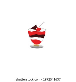 ice cream in glass cup, top with chocolate and cherries, white background
