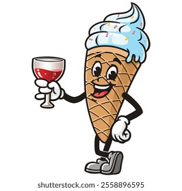 Ice Cream with a glass of drink,  Cartoon Character Mascot Illustration Vector Clip-art Hand-drawn Logo Design