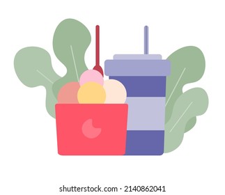 Ice cream in a glass and a drink with a straw. Fast Food Logo. Cafe and Restaurant Menu. Flat Cartoon Style Suitable for Web Landing Page, Banner, Flyer, Sticker, Card, Background
