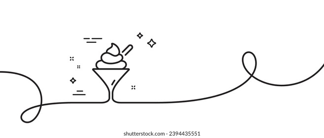 Ice cream in glass line icon. Continuous one line with curl. Vanilla sundae sign. Frozen summer dessert symbol. Ice cream single outline ribbon. Loop curve pattern. Vector