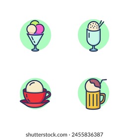 Ice cream in glass line icon set. Cocktail with ice cream, mug, sundae bubbles in glass. Ice cream and desserts concept. Vector illustration for web design and apps