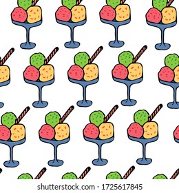 Ice cream in a glass. Ice cream pattern. Colored balls of ice cream with a waffle roll. Light background with a delicious, cold dessert.