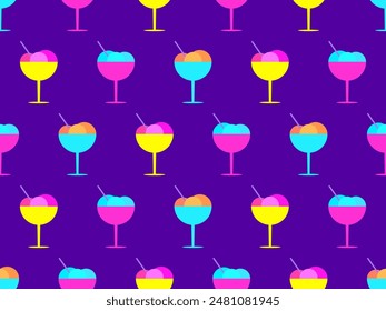Helado en patrón transparente de vidrio. Bolas de helado de colores en un vaso con una cuchara. Diseñar Fondos de pantalla, envoltorios, fundas, Anuncios y carteles. Ilustración vectorial