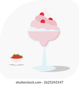 Ice cream in a glass with strawberries and pink whipped cream. Vector image on a transparent background
