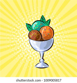 Ice cream in glass three flavours pop art hand drawn vector illustration