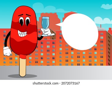 Ice Cream with a glass of water. Summer refreshment, sweet food as a cartoon character with face.