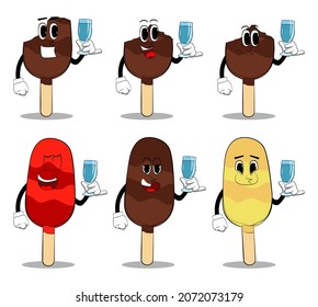 Ice Cream with a glass of water. Summer refreshment, sweet food as a cartoon character with face.
