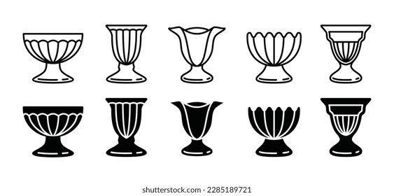 Ice cream glasses icons vector set in line and flat style. Classic and big glass sign and symbol. Restaurant and cafes dessert glass sign and symbol. Vector illustration