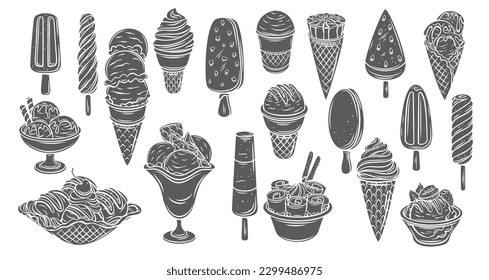 Ice cream glyph icons set vector illustration. Stamps collection of frozen summer dessert for restaurant menu, sundae in waffle cone, spiral ice lolly and popsicle on stick, frozen gelato in bowl