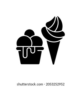 Ice cream to go black glyph icon. Frozen treats delivery. Gelato and sorbet. Dairy-free and dairy products. Frozen dessert with flavors. Silhouette symbol on white space. Vector isolated illustration