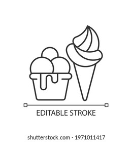 Ice cream to go linear icon. Frozen treats delivery. Gelato, sorbet. Frozen dessert with flavors. Thin line customizable illustration. Contour symbol. Vector isolated outline drawing. Editable stroke