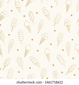 Ice cream golden doodle pattern. Gold foil background.