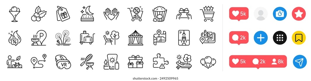 Ice cream, Gps and Crane claw machine line icons pack. Social media icons. Lounger, Eco bike, Journey web icon. Puzzle, Fireworks, Map pictogram. Mattress, Hold heart, Circus tent. Vector