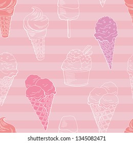 Ice cream graphic pink color sweet food seamless pattern background sketch illustration vector