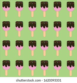 Ice cream green background. Seamless vector pattern Chocolate ice cream icon on bars in flat style,EPS10