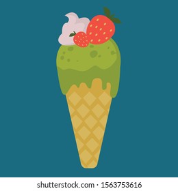 Ice cream green in a waffle cone decorated with strawberries made of match. Sweetness from ice on a blue isolated background. Vector illustration in cartoon flat style. 
