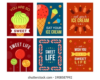 Ice cream greeting cards set. Cones, colorful scoops, sweets, candies, lollypop vector illustrations with text. Dessert, sweet food, confectionery concept for posters and flyers design
