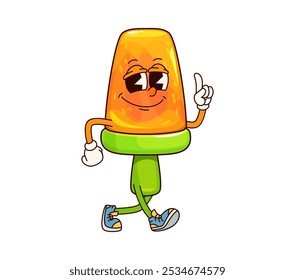 Personaje groovy helado, Vector de dibujos animados juguetón naranja fruta paleta personaje con zapatillas de deporte caminando con confianza con el dedo levantado, exuda vibraciones de verano. Retro funky, comida dulce, golosina, postre